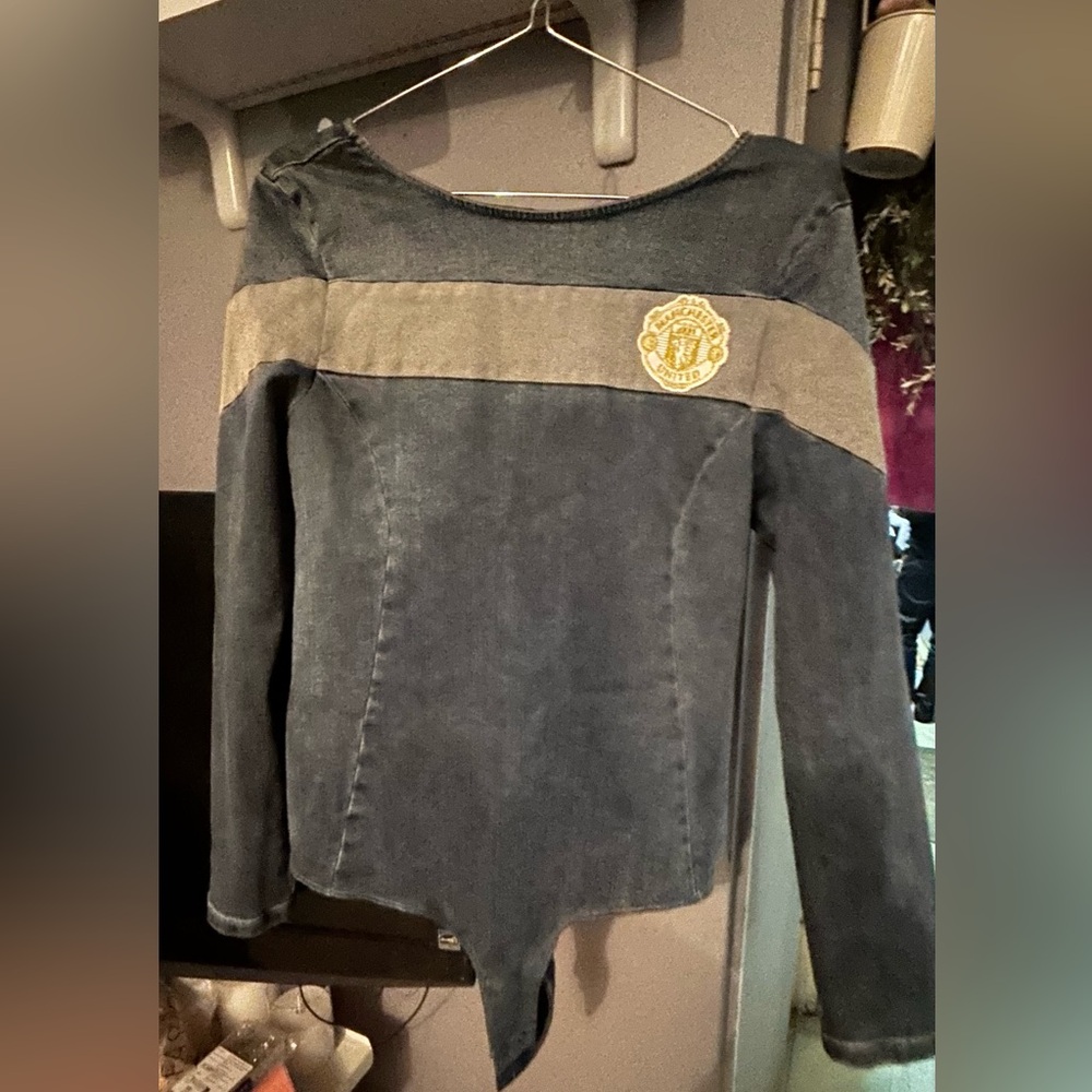 True Religion Women's Long Sleeve Denim-Look Bodysuit in Blue and Gray